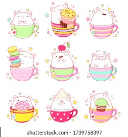 Kawaii stickers collection. Set of cute cat in tea cup, with macaroon, donut and cupcake. Vector illustration EPS8