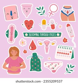 Kawaii stickers feminine hygiene products collection hand drawn style. Menstruation period woman.