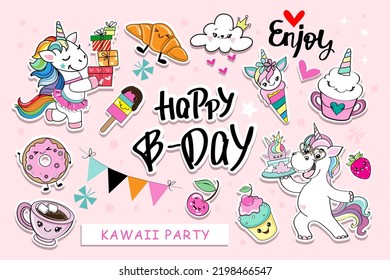 Kawaii stickers set with beautiful unicorn and sweets with eyes. Ice cream with unicorn faces, cupcake, cup of coffee, Vector illustration isolated