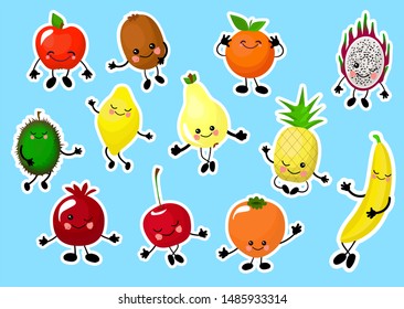 Kawaii stickers set or patch with food - lemon fruits, apple, pineapple, orange, berry. Isolated elements on, flat style. Cute characters, vector illustration.