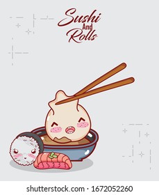 kawaii sticks with dumpling in sauce rice and fish food japanese cartoon vector illustration sushi and rolls
