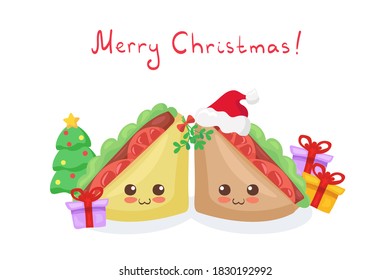 Kawaii stock vector illustration with cute Wheat & Rye Sandwiches, Xmas tree, Santa hat & gift. Cute funny & happy food characters. Happy New Year and Merry Christmas elements. Kids menu lettering.