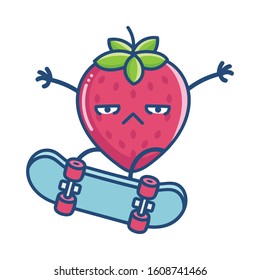 Kawaii strawberry with attitude on skateboard illustration cartoon isolated on white