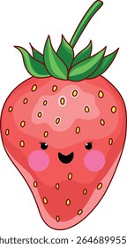 Kawaii Strawberry Cartoon Vetor. Adorável kawaii morango personagem de desenho animado com sorriso bonito e bochechas rosa. Ilustração vetorial para crianças, embalagem, design de alimentos e muito mais.