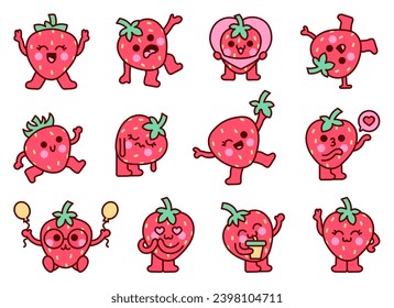 Kawaii strawberry character. Cute cartoon fruit. Hand drawn style. Vector drawing. Collection of design elements.