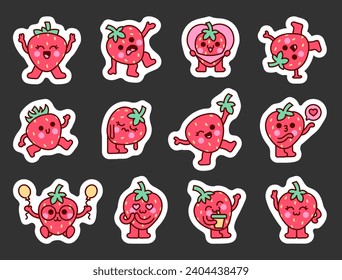 Kawaii strawberry character. Sticker Bookmark. Cute cartoon fruit. Hand drawn style. Vector drawing. Collection of design elements.