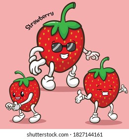 Caracteres de fresa kawaii vector.  usarlos como pegatinas, logotipo, fruta, patrones, diseños de camisetas, todos los medios impresos, dibujos animados, etc
