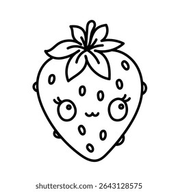Kawaii strawberry with cute smiling face and leaves – fruit coloring page for kids