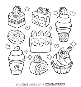 Kawaii strawberry desserts coloring page illustration