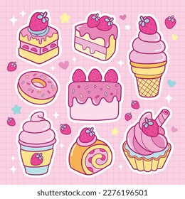 Kawaii strawberry desserts sticker pack illustration