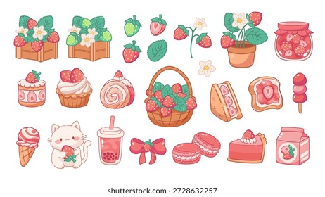 Conjunto de elementos de fresa Kawaii. Ilustraciones vectoriales de planta de fresa, alimentos sabrosos, bebidas de fresa. Iconos lindos, pegatinas en estilo japonés