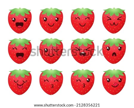 Kawaii strawberry emoji vector set design. Emojis in berry faces with cute facial expression isolated in white background for berries fruit emoticon collection. Vector illustration.
