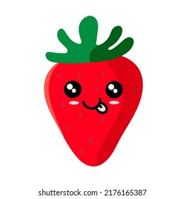 Kawaii strawberry with face. Funny fruit pun illustration, cute and simple doodle style drawing. Clip art