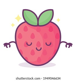Kawaii strawberry with face, hearts and sparkles with text lettering Berry Cute. Funny fruit pun illustration, 
