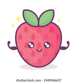 Kawaii strawberry with face, hearts and sparkles with text lettering Berry Cute. Funny fruit pun illustration, 