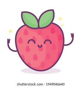 Kawaii strawberry with face, hearts and sparkles with text lettering Berry Cute. Funny fruit pun illustration, 