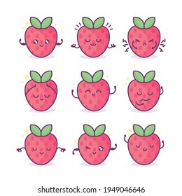 Kawaii strawberry with face, hearts and sparkles with text lettering Berry Cute. Funny fruit pun illustration, 