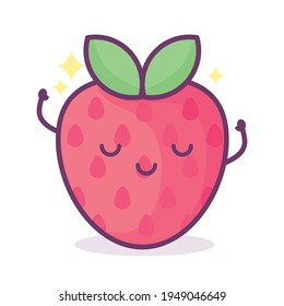 Kawaii strawberry with face, hearts and sparkles with text lettering Berry Cute. Funny fruit pun illustration, 