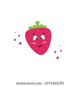 Kawaii strawberry with face, hearts and sparkles with text lettering Berry Cute. Funny fruit pun illustration, cute and simple doodle style drawing.
