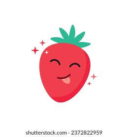 Kawaii strawberry with face, hearts and sparkles with text lettering Berry Cute. Funny fruit pun illustration, cute and simple doodle style drawing.
