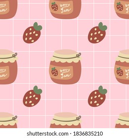Kawaii Strawberry Jam Jar Illustration, Seamless Pattern, Vector EPS 10.