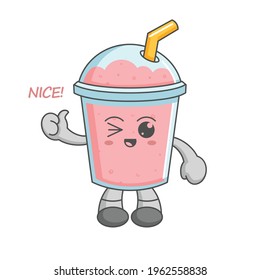 kawaii strawberry smoothie characters give a thumbs up, nice