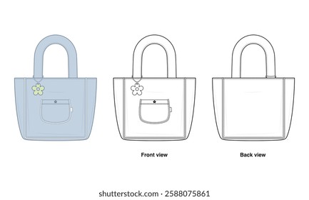 Kawaii Structured Tote Bag Technical Fashion Illustration. Handbag Vector Template. Front and Back View. Padded Rounded Handles. Front Patch Pocket. Women’s Fashion Accessory. CAD Mockup set.