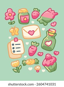 Kawaii Stuff Element Hand drawn with Color Pastel Pink Green and Yellow