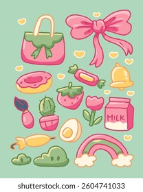 Kawaii Stuff Element Hand drawn with Color Pastel Pink Green and Yellow