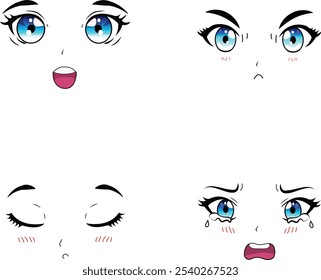 Kawaii style anime faces expressions isolated on a white background vector illustration