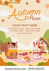 A kawaii style autumn picnic illustration featuring a cute squirrel and bunny enjoying a cozy outdoor meal. 