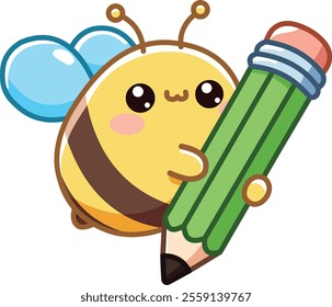 Kawaii style bee holding a large green pencil