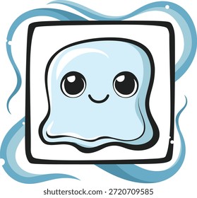 Vector fantasma de dibujos animados de estilo Kawaii. Carácter azul lindo de la gota con los ojos grandes dentro de un marco. Ilustración de mascota de espíritu juguetón.
