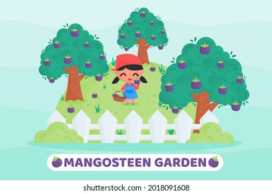 Kawaii style cartoon illustration of cute farmer harvesting fruit in mangosteen garden with holding basket full of fruits. Suitable for stickers, children, botanical, and farming content illustration.