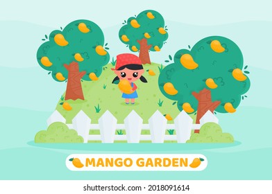 Kawaii style cartoon illustration of cute character harvesting fruit in mango garden with holding mango in hands. Suitable for stickers, children, botanical, and farming content illustration.