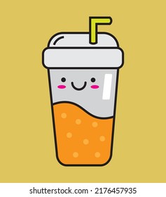 kawaii style cartoon plastic cocktail cup with a straw, funny vector icon