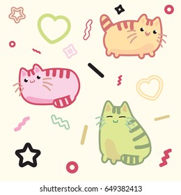 Kawaii style cat, kitten, kitty, pet vector on light background. Decorative bright colorful design elements in doodle japanese style isolated. Vector illustration