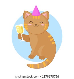 Kawaii style celebrating party cat with a glass of champagne in the paw vector illustration