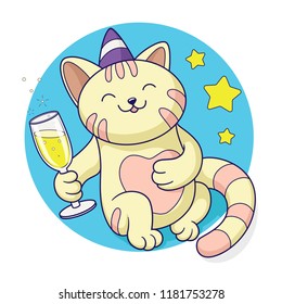 Kawaii style celebrating party cat with a glass of champagne in the paw vector illustration