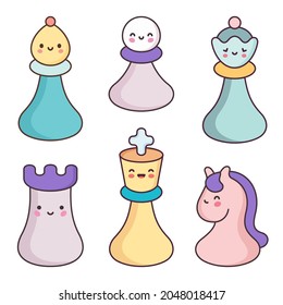 Kawaii style chess pieces. Vector illustration.