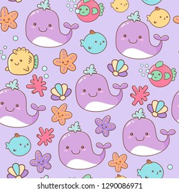 kawaii style childish nautical seamless pattern with funny fishes