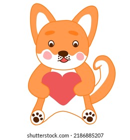 Kawaii style Corgi, shiba inu dog, sitting with heart, doodle vector