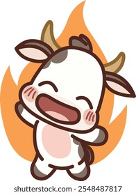 Vaca estilo kawaii com uma expressão alegre e ardente, corando e sorrindo amplamente, cercada por um fundo de chama, energia, determinação ou emoção