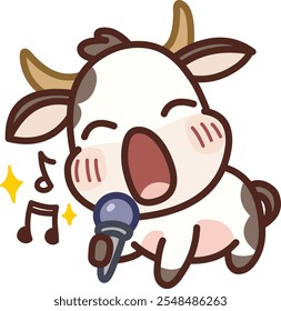 Kawaii style cow singing into a microphone with music notes and sparkles around it