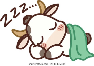 Kawaii style cow sleeping under a green blanket, with 'zzz' symbols floating above its head