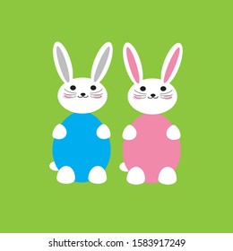  Kawaii style cute Easter bunnies in modern flat design isolated on green background