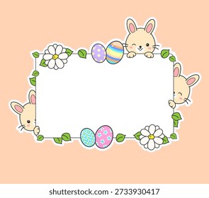 Marco de Pascua decorativo estilo kawaii con conejito, huevo y Elementos florales, perfecto para tarjetas de Pascua, invitaciones o cualquier diseño que necesite un toque de alegría de primavera.