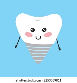 Kawaii style dental implant. Vector illustration. Flat cartoon style. Tooth character.