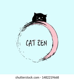 Kawaii Style  Enso Zen Symbol. Vector Design. Pink and Black Brush Stroke Circle with Hand Paint Cat Isolated on Blue. Baby Colors Print. Cat Zen Cartoon Design. Japanese Style Funky Illustration