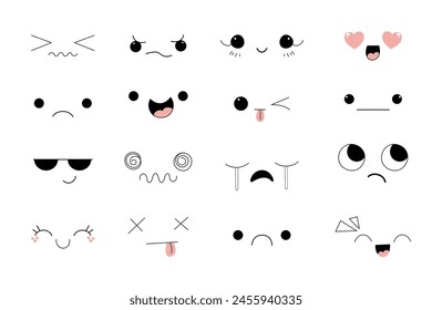 Kawaii Style Faces manga anime emotions, comic expressions, cute eyes collection isolated on white background. Doodle smiley mood design elements, 